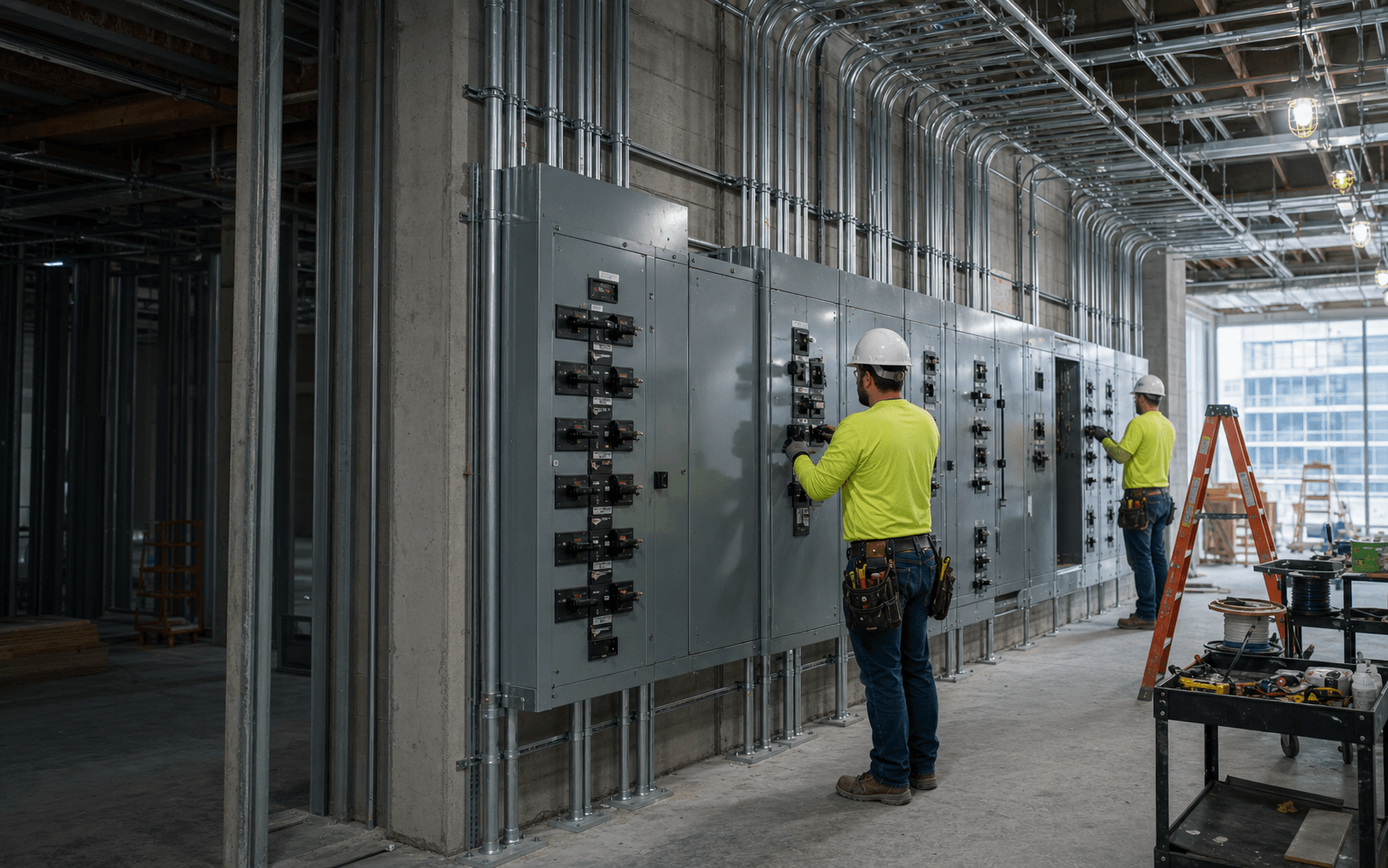Two commercial electricians commissioning a long electrical distribution wall inside an active construction site