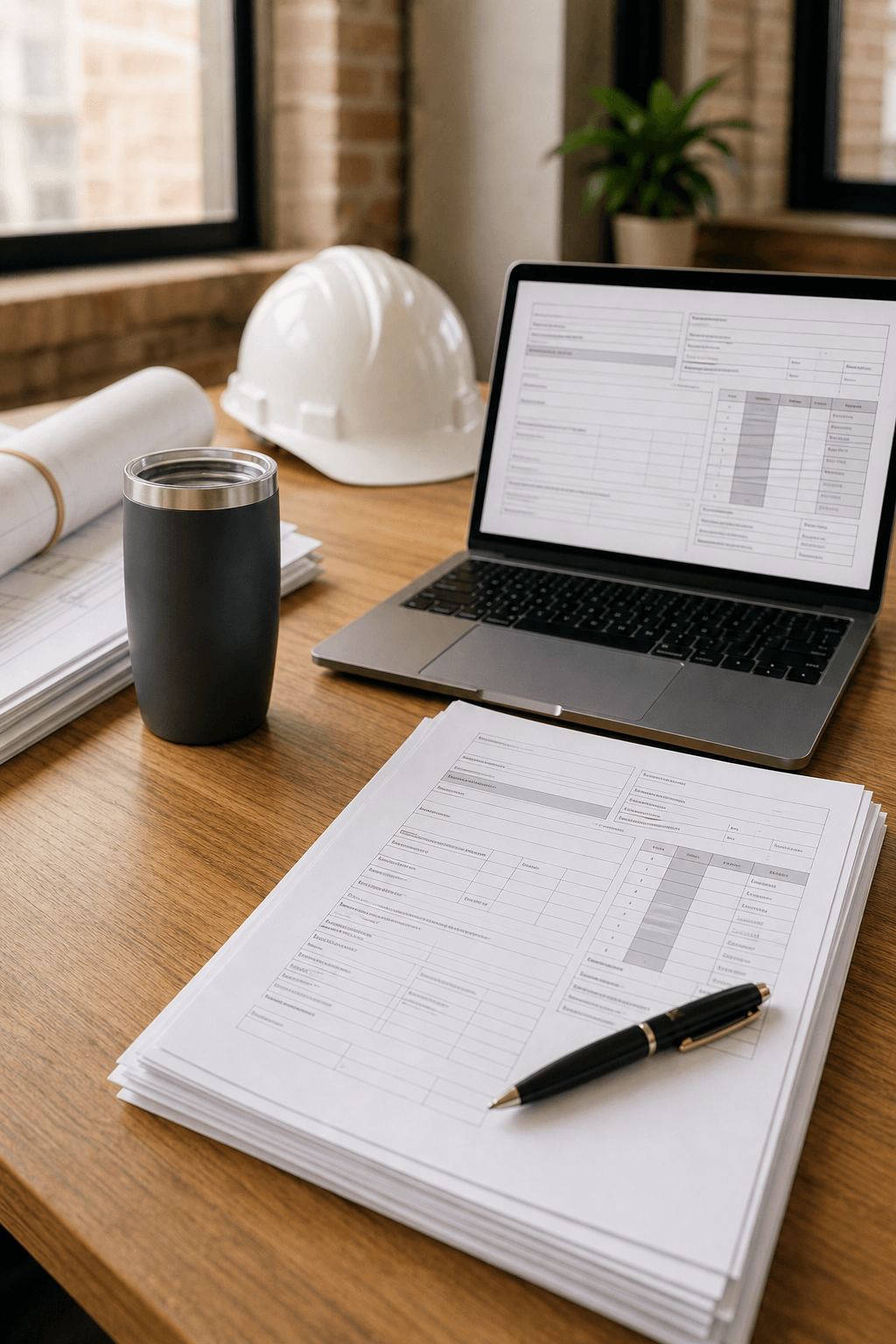 Completed construction billing package beside a laptop, hard hat, and review pen