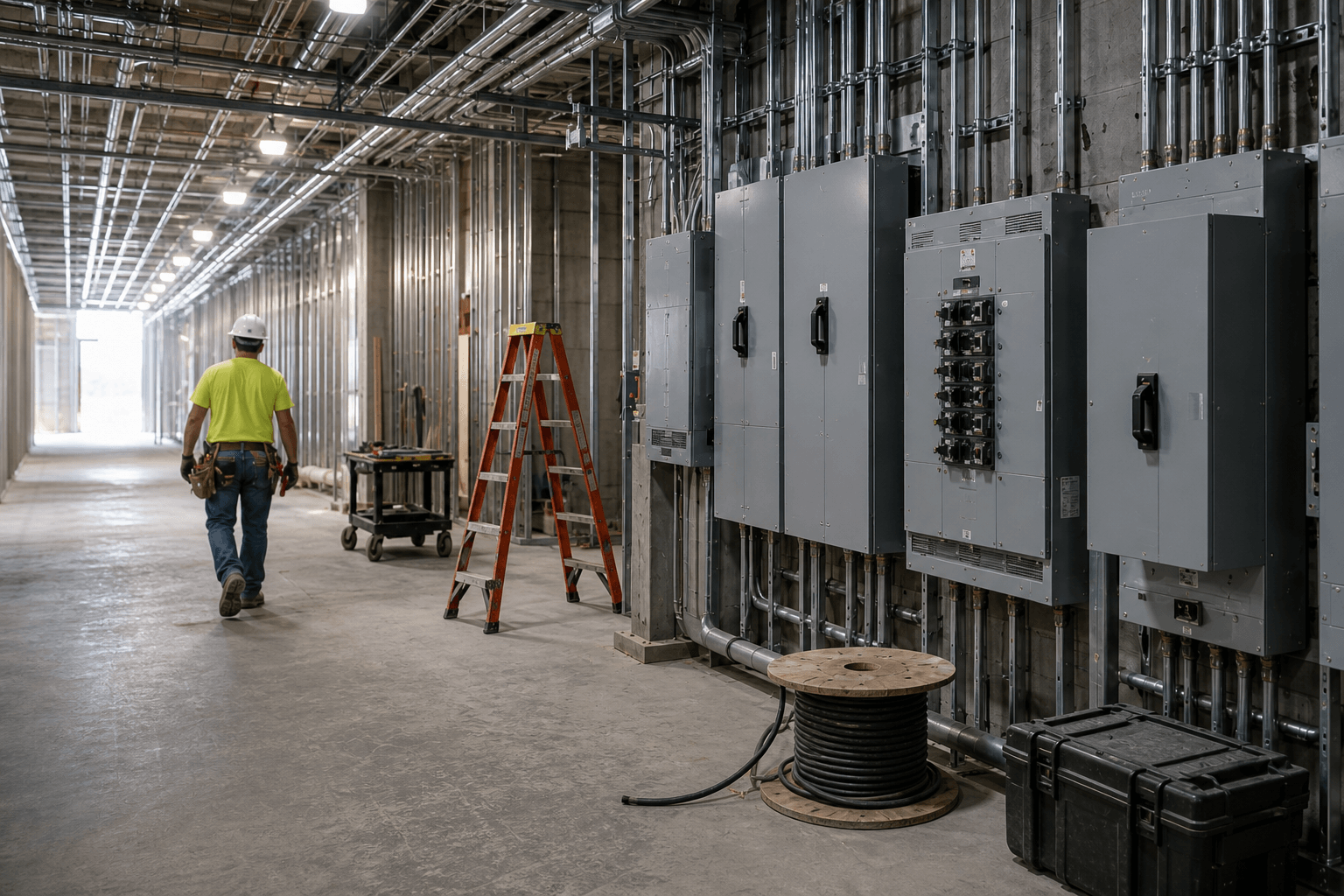 Electrician walking past electrical distribution panels, conduit, a cable spool, and construction equipment