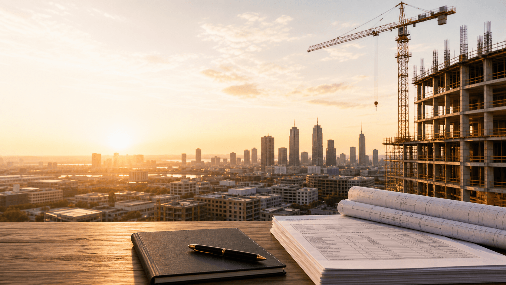 Construction skyline at sunset with billing documents on a desk