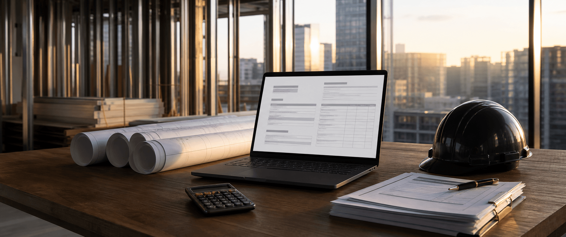 Billing workspace with a laptop, construction drawings, calculator, and hard hat inside a commercial project