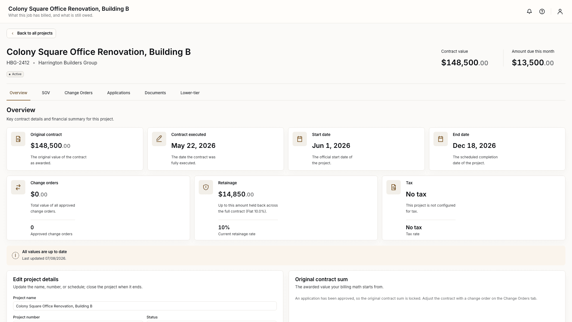 Kaltheon project dashboard showing the revised contract, current billing, retainage, schedule, and project workflow