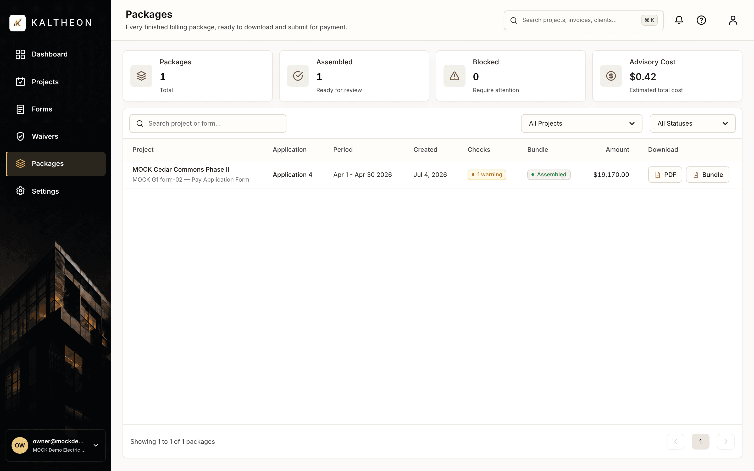 Kaltheon packages page showing a completed billing package ready to download